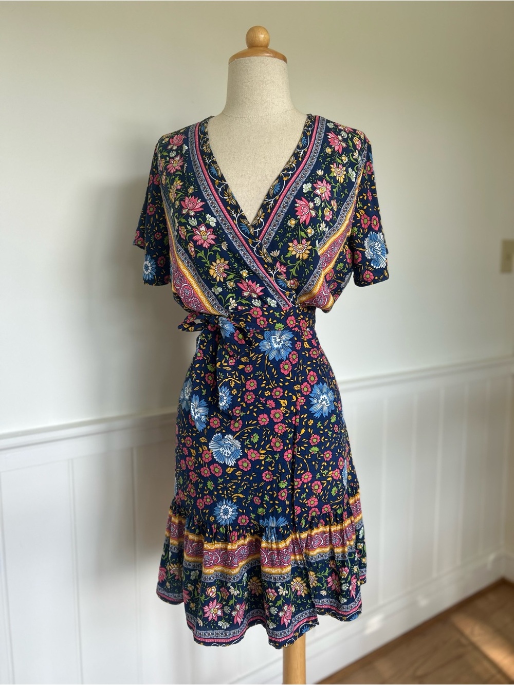 Floral Navy Wrap Dress with Tie Waist